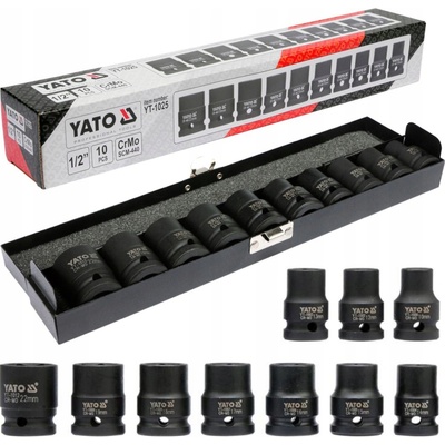 Yato | Sada nástavců 1/2" rázové šestihranné 10 ks 10-22 mm CrMo