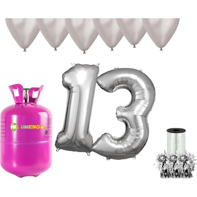 HeliumKing Hélium párty set na 13. narodeniny so striebornými balónmi