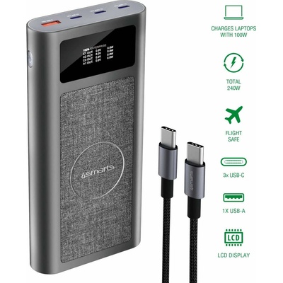 4smarts Power Bank Enterprise Ultra 26800mAh 240W - външна батерия с 1xUSB-A, 3xUSB-C и безжично зареждане за Qi съвместими мобилни устройства (черен)
