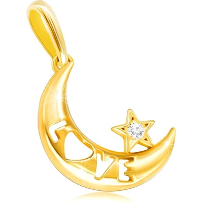Šperky Eshop Diamantový přívěsek ze 14K žlutého zlata měsíc s nápisem love hvězda s briliantem BT506.16
