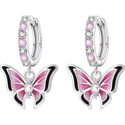 GRACE Silver Jewellery Stříbrné náušnice Motýl v růžovo-černém designu E-OTE4219-PK/386 Růžová
