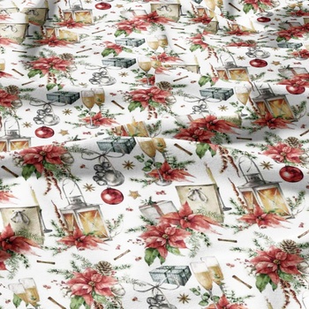 Vianočný vzor bavlnenej látky Lampa a Poháre na bielom, metráž 160 cm