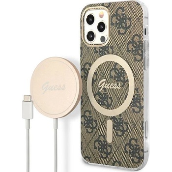 GUESS Комплект безжично зарядно устройство и кейс Guess GUBPP12MH4EACSW за iPhone 12/12 Pro, кафяв / кафяв, твърд, съвместим с MagSafe, 4G Print (GUE002549-0)