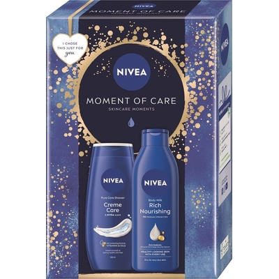 Nivea Moment of Care Nivea Creme Care upokojujúci sprchový gél 250 ml + Nivea Body Milk výživné telové mlieko 250 ml kozmetická sada