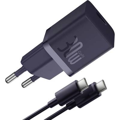 Baseus Зарядно устройство Type-C, бързо зареждане, GaN, 30W + кабел Type-C, 100W, 1m - Baseus (P1011090902523-00) - среднощно лилаво