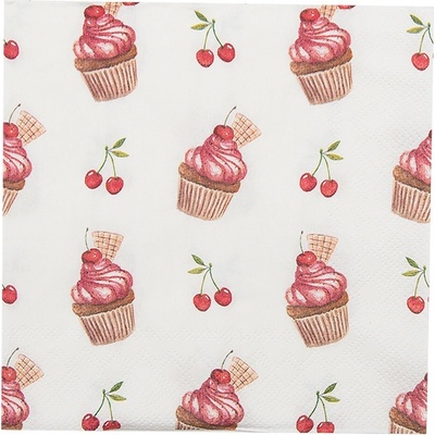 Clayre & Eef Biele papierové obrúsky s tortičky Cherry Cupcake 33x33 cm 20ks