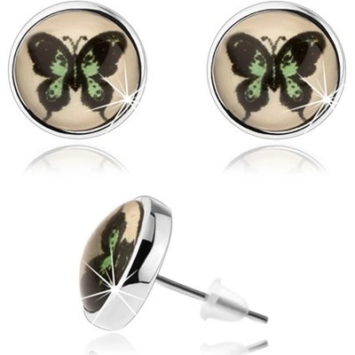 Šperky eshop kruhové kabošon vypouklé sklo zeleno-černý motýl puzetky SP77.13