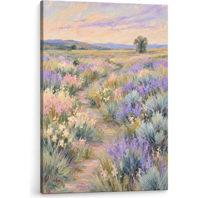 Papilora Obraz rozkvitnutej lúky pri západe slnka na plátne – s ručne maľovanými detailmi - 60x90 cm