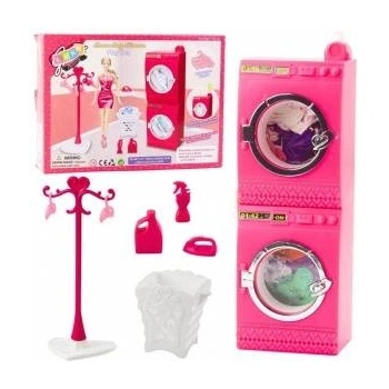 LEAN Toys Laundry Set For Dolls Washing Machine Dryer Hanger Basket Pink