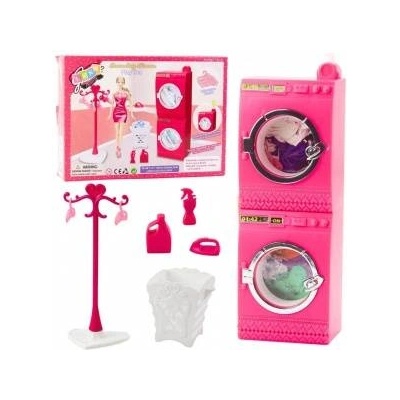 LEAN Toys Laundry Set For Dolls Washing Machine Dryer Hanger Basket Pink