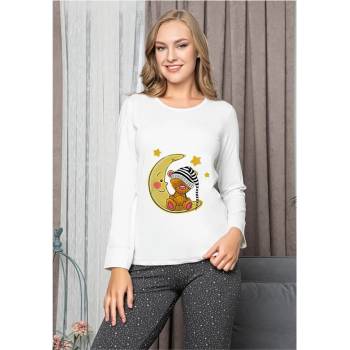 Image 1 of Дамска пижама в бяло и тъмносиво с луна и мече