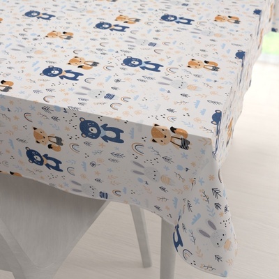 Biante Dětský bavlněný obdélníkový ubrus Sandra SA-595 Modro-béžová lesní zvířátka na bílém 100x140 cm