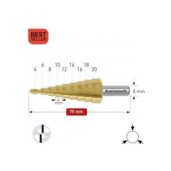 Karnasch Стъпално свредло Ø 4-20 mm (x 4 mm), HSS-XE TiN-Gold, 2x прав канал, BESTSELLER (213034)