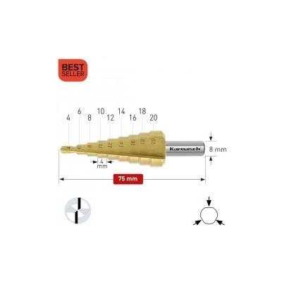 Karnasch Стъпално свредло Ø 4-20 mm (x 4 mm), HSS-XE TiN-Gold, 2x прав канал, BESTSELLER (213034)