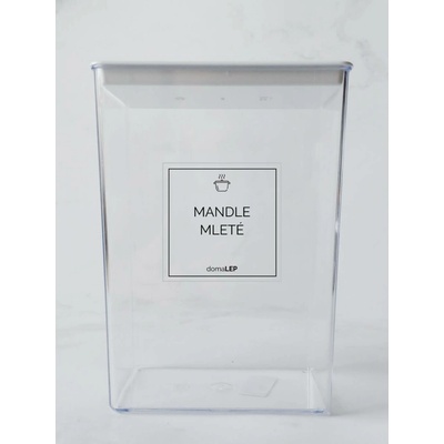 DomaLEP MANDLE MLETÉ průhledná samolepka na dózu základní písmo 5 x 5 cm
