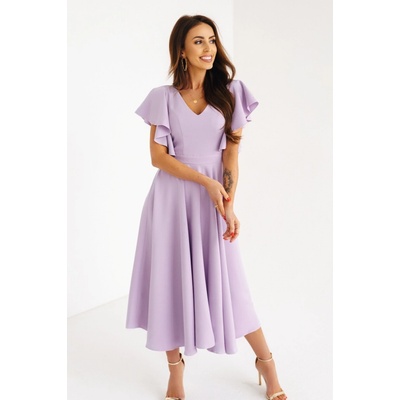 Warsaw Dress midi šaty s volánovými rukávmi fialové