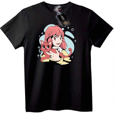 NOONEBRAND Тениска Anime Момиче с Червена Котка - M, Black