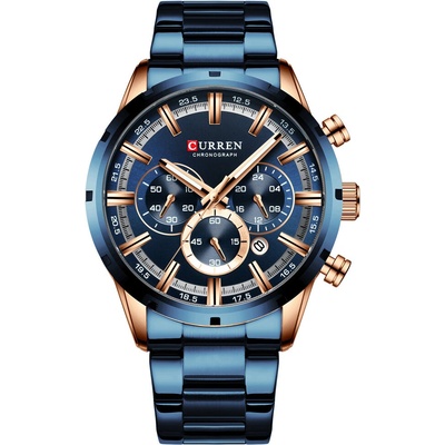 Curren Мъжки часовник Curren Tattum, Хронограф, Неръждаема стомана, Кварцов, Син/Розово злато (CURREN-8355-BLUE-GOLD)