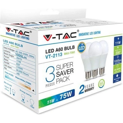 V-TAC Žiarovka LED E27 10,5W, 2700K, 1055lm, 3-balenie, A60 VT-2113