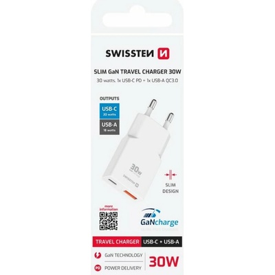 Swissten tenký síťový adaptér GaN USB-C + USB-A 30w bílý