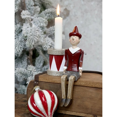 Červeno-bílý antik dřevěný svícen s glitry - 6*7cm - Chic Antique
