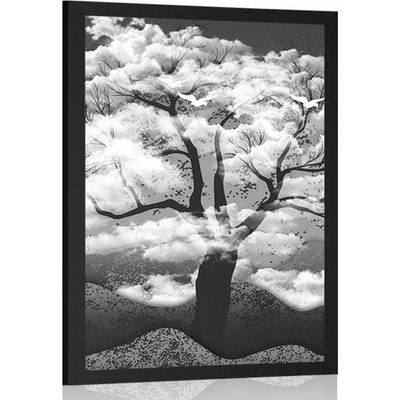 Plakát černobílý strom zalitý oblaky - 20x30 silver