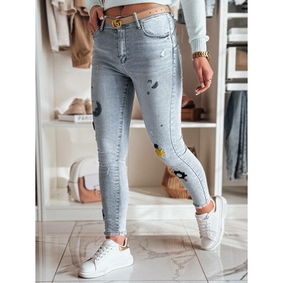 Basic dámské skinny džíny s originální výšivkou moonair uy2453 Světle modré