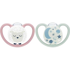Nuk Силиконови залъгалки NUK - Space Night, Овца, 18 м+, 2 броя + кутийка (10177213) - baby
