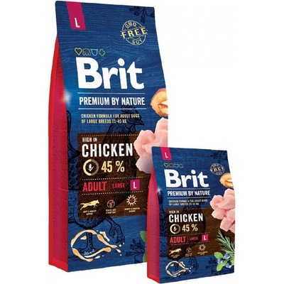 Brit premium adult l by nature- Суха храна за израстнали кучета от големите породи с 45% прясно пилешко месо- 15 кг