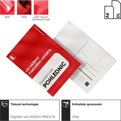 Pohlednice express Bez laminace 100 Barevné oboustranné - 4/4 (CMYK) 350 g/m² křídový papír mat 148x105 mm (A6 naležato) – Zboží Dáma