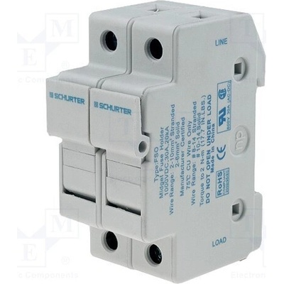 SCHURTER 0091.0002 Zásuvka; 10,3x38mm; na přípojnici DIN; 30A; 600VAC; Póly: 2; póly: 2