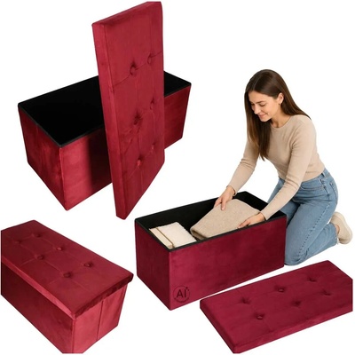 KIK Skládací velurový taburet s úložným prostorem pod sedákem 76 x 38 x 38 cm, vínový KX2716_2
