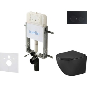 kielle Genesis New - Комплект структура за вграждане, тоалетна чиния Oudee Vortex, Rimless+, SoftClose седалка и бутон Gemini New II, черен мат 30528SZ92 (30528SZ92)