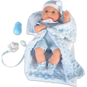Moni Кукла-бебе Moni Toys - Със синьо одеялце и аксесоари, 36 cm (108307)