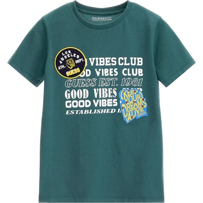 GUESS Tениска с къс ръкав в синьо-зелено за момче с контрастни надписи Guess