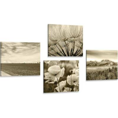 Set obrazů sépiová krajina s květinami - 4x 40x40