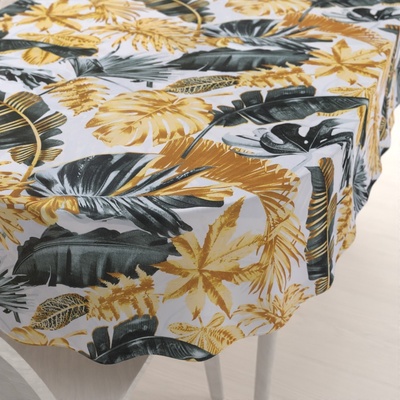 Biante bavlna oválný ubrus Sandra SA-388 Šedozelené a zlaté tropické listy na bílém 120x140cm