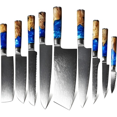 HARAHU Комплект дамаски ножове за кухня - 9бр / Син kp13842 (13842)