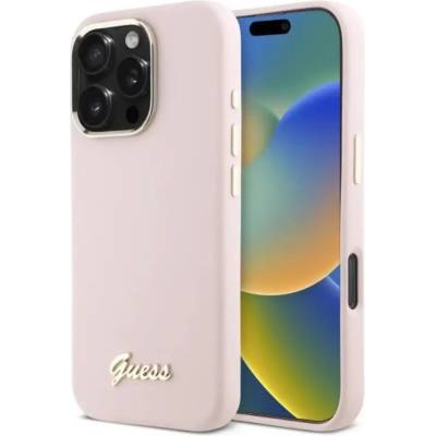 GUESS Калъф Guess Silicone Script с метално лого и рамка за iPhone 16 Pro - розов (3666339344276)