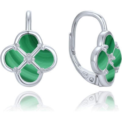 Minet Stříbrné náušnice čtyřlístky s malachitem JMAS7058ZE00