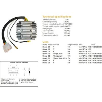 DZE regulátor napětí HONDA CB 350F 72-75; CB 400F 76-78; CB 500K 71-73; CB 550F/K 74-78; CB 750KF/A/K 69-78 (ESR240)