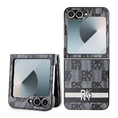 Дизайнерски кожен кейс за Samsung Galaxy Z Flip7 FE, Z Flip6 - DKNY Checkered Pattern and Stripe PU Leather Hard Case (черен)