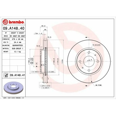 BREMBO brzdový kotúč 09.A148.41, súprava 2 ks