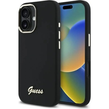GUESS Силиконов калъф Guess с метално лого и рамка за iPhone 16 Plus - черен