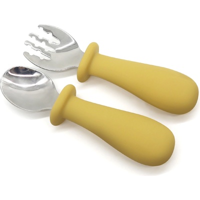 Malý Ježko Detský kovový príbor pre pokročilých Mustard Yellow s puzdrom 2 ks