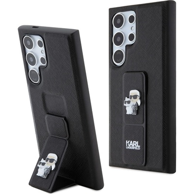 KARL LAGERFELD PU Saffiano Grip Stand Metal Karl and Choupette Case - дизайнерски кожен кейс с отделение за карти за Samsung Galaxy S24 Ultra (черен)