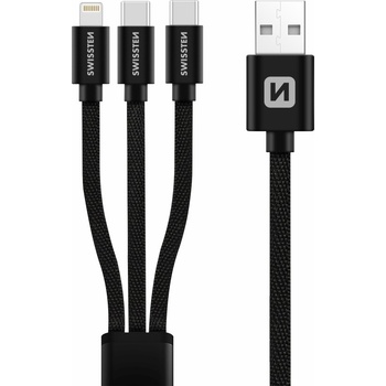 Swissten 72501103 3v1 2x USB-C (M) - Lightning (M) - USB-A (M), 60W, 3A, 1,2m, černý