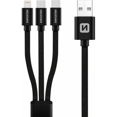 Swissten 72501103 3v1 2x USB-C (M) - Lightning (M) - USB-A (M), 60W, 3A, 1,2m, černý