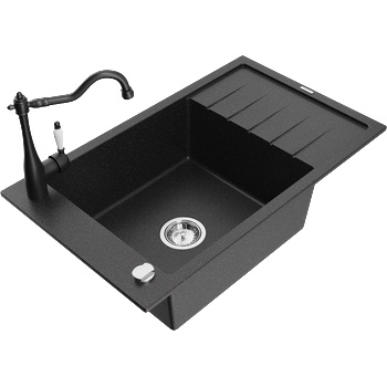 Mexen Elias гранитна мивка 1-коморова с отцедник и кухненски смесител Carla, черен/сребърен металик - 6511-73-670700-70 (6511-73-670700-70)
