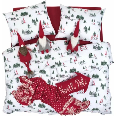 SCANquilt Obliečky flanel lesní elfi biela zelená červená 140x200 70x90
